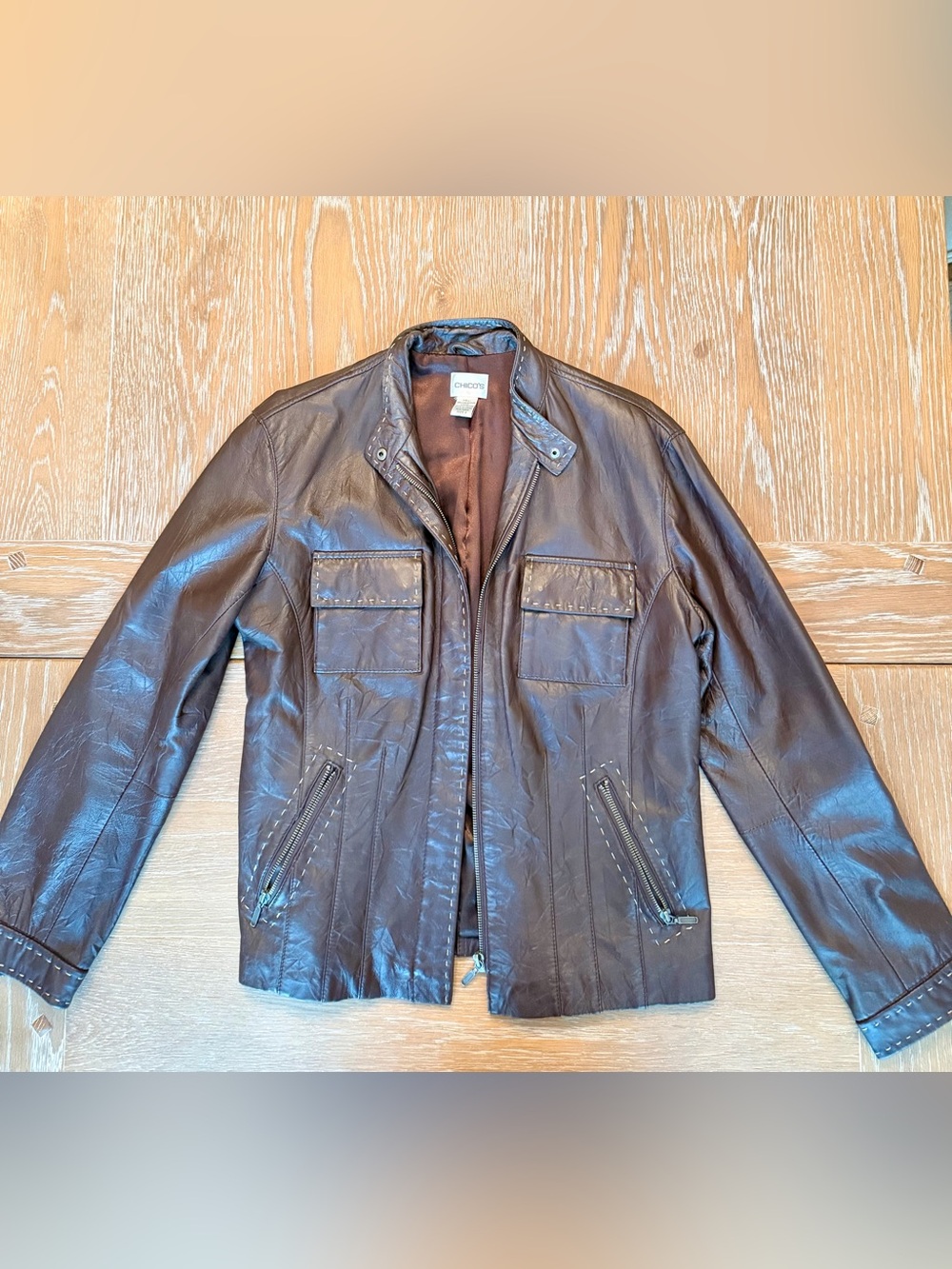 EUC Chico's brown leather jacket, Size 1